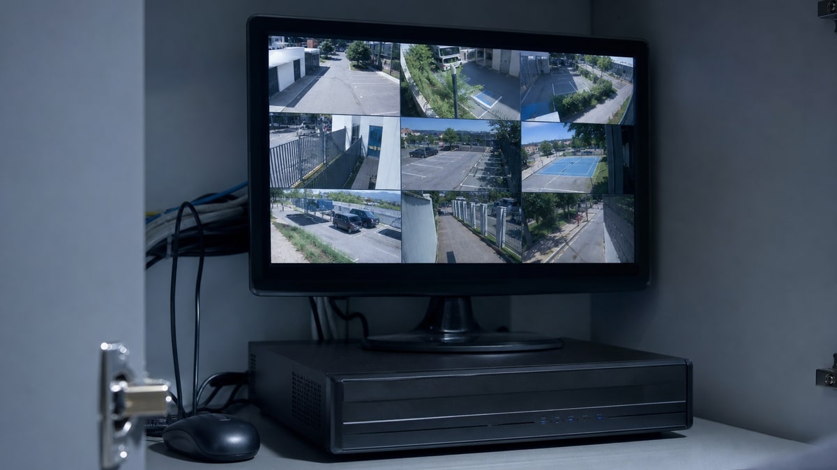 CCTV monitoring desk with multiple camera feeds on display