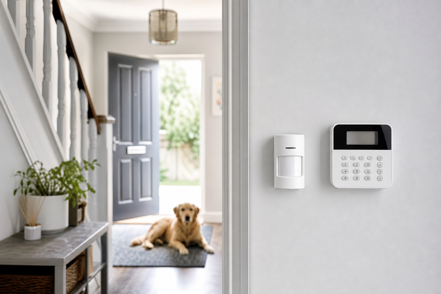Pet-friendly PIR sensor and alarm keypad in a UK hallway