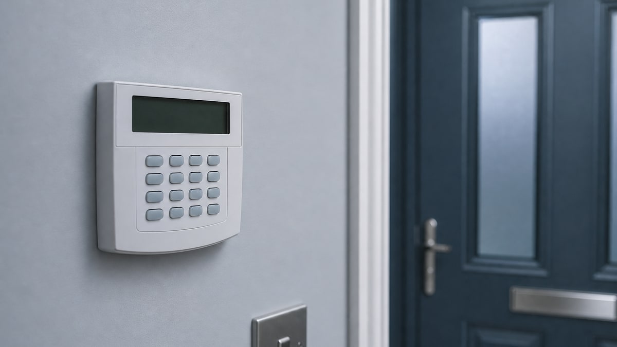 Modern alarm keypad at a residential entrance