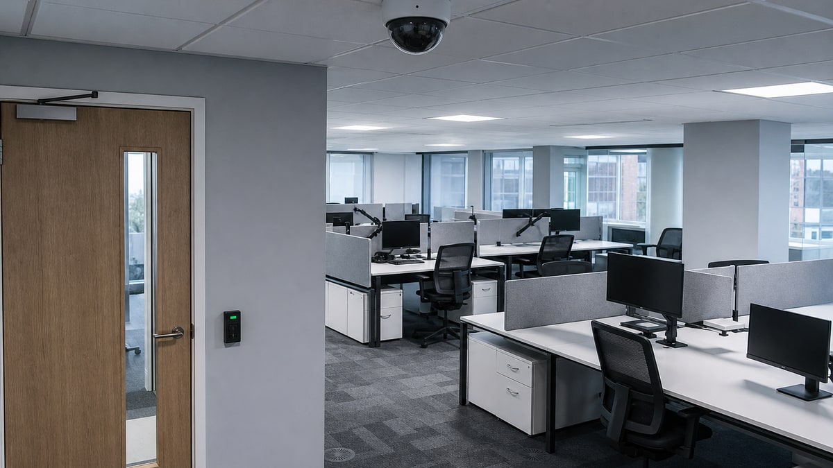 Modern open-plan office workspace with security considerations