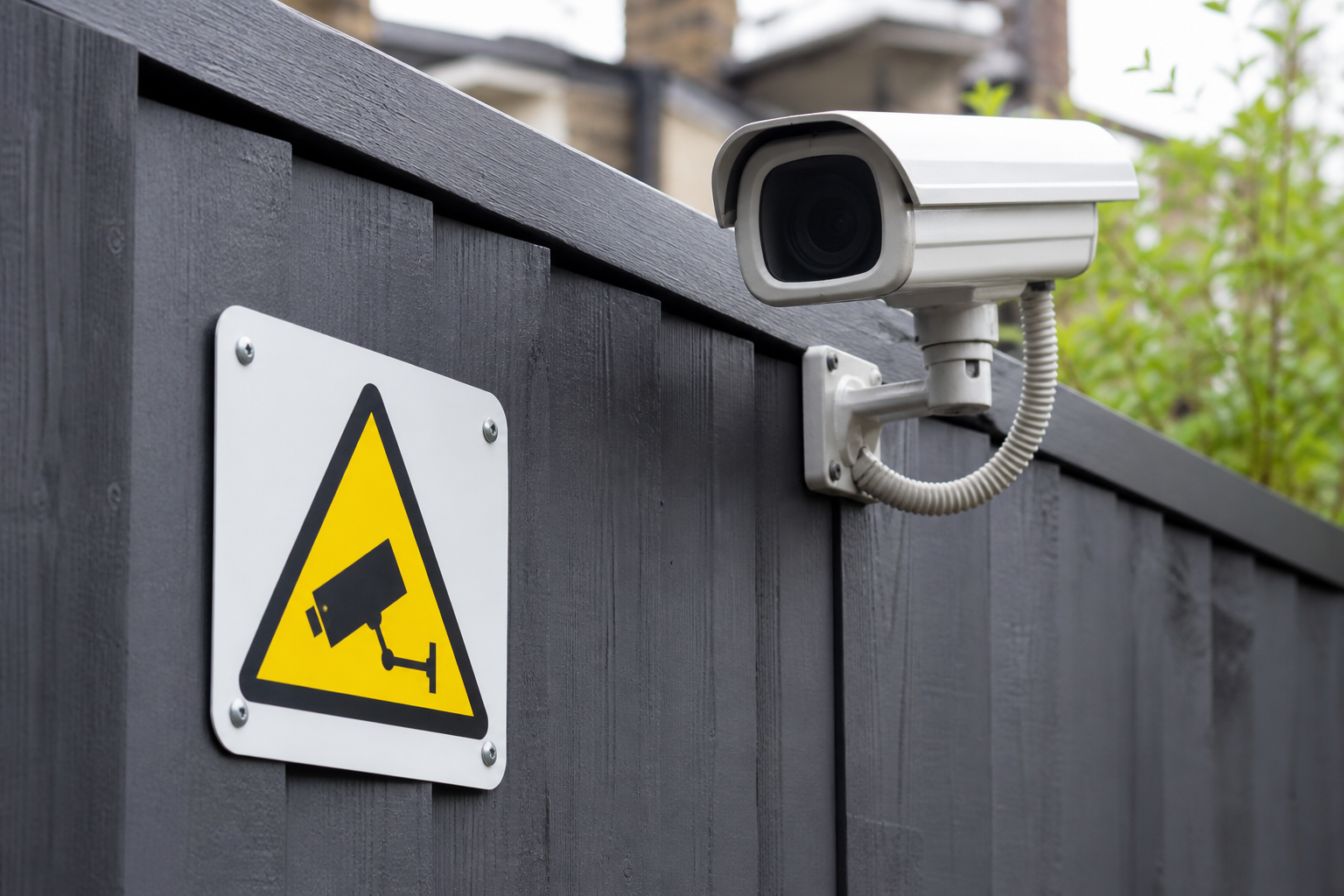 CCTV warning sign beside a camera on a UK property fence