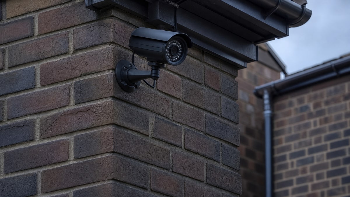 CCTV camera on a building corner with privacy-conscious positioning