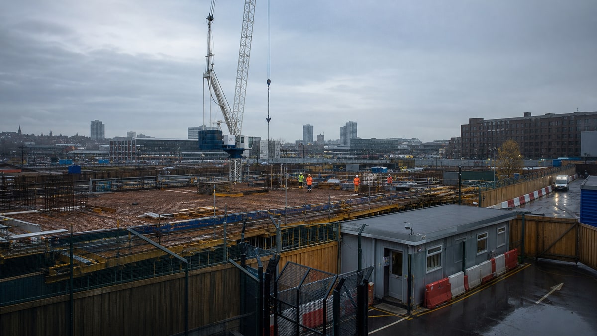 Construction crane and workers on a high-rise building project