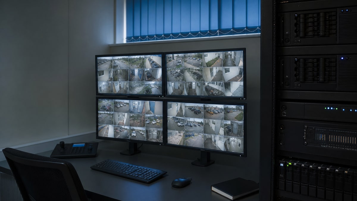 CCTV control room with multiple camera feeds on monitors