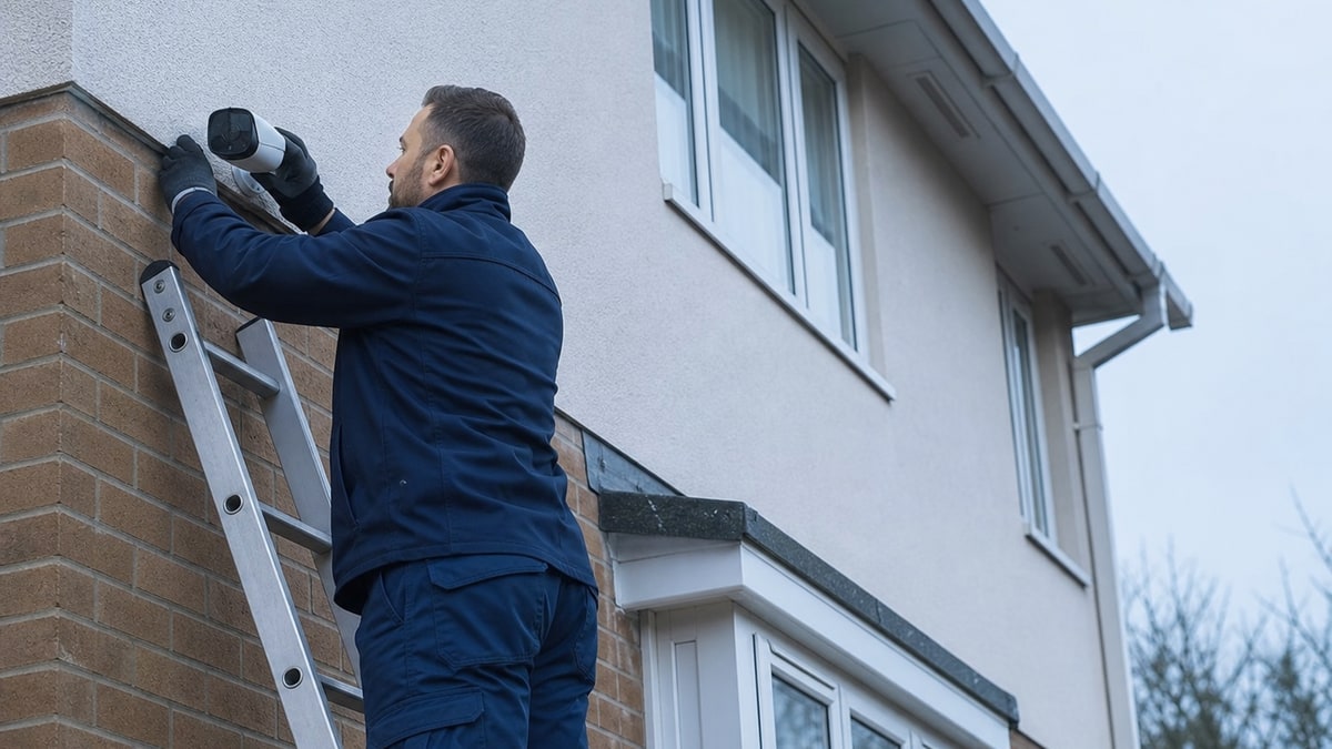 Security engineer on a ladder installing external equipment