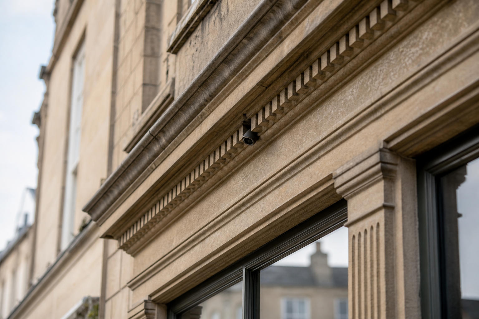 Discreet CCTV on a period property facade