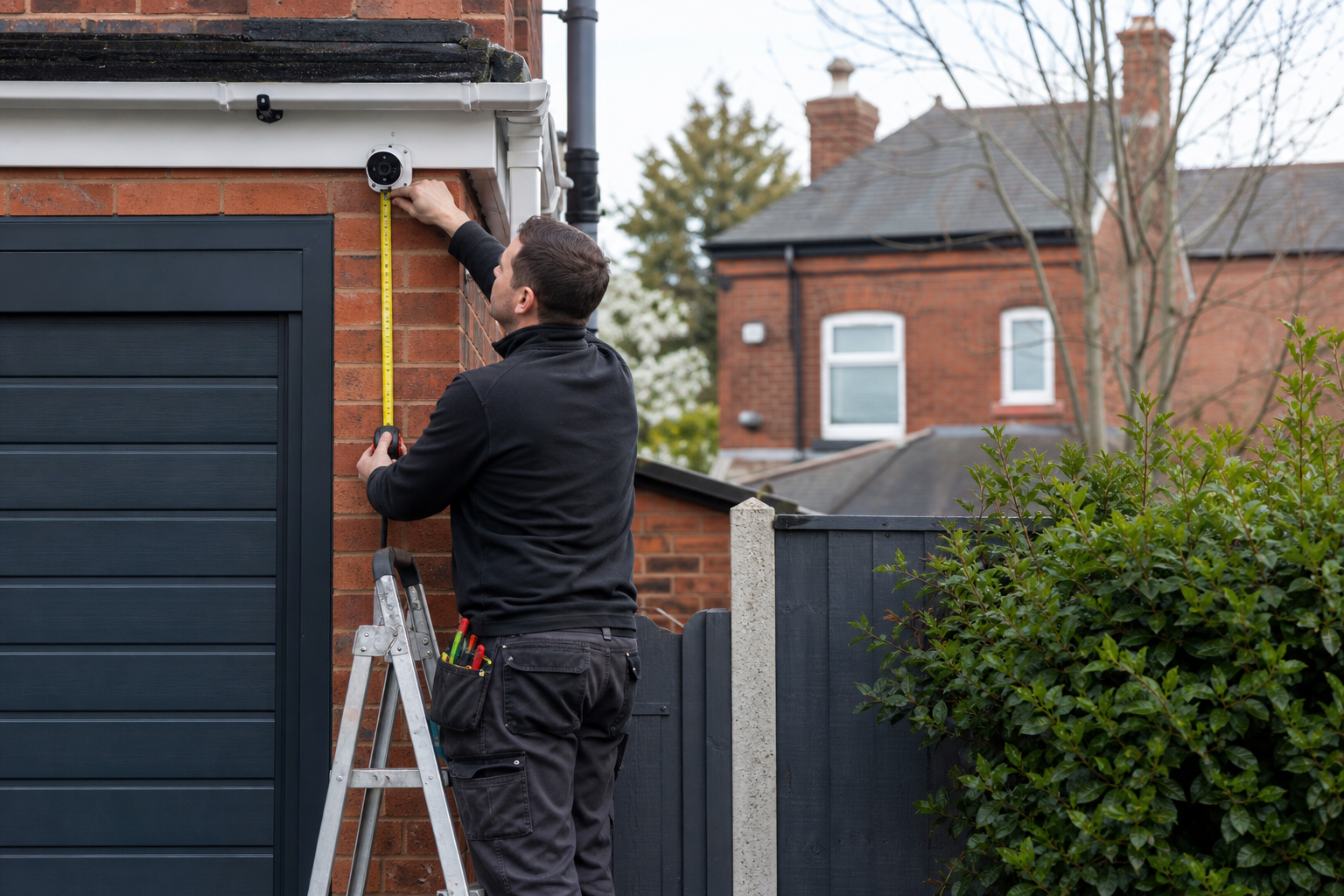 Installer measuring CCTV mounting height at a property boundary