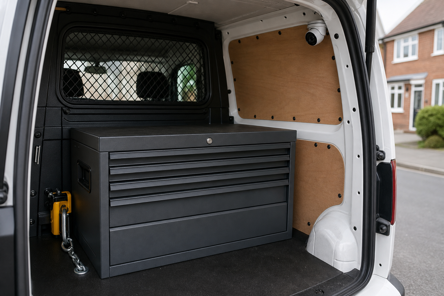 Tool storage inside a van monitored by a small CCTV camera