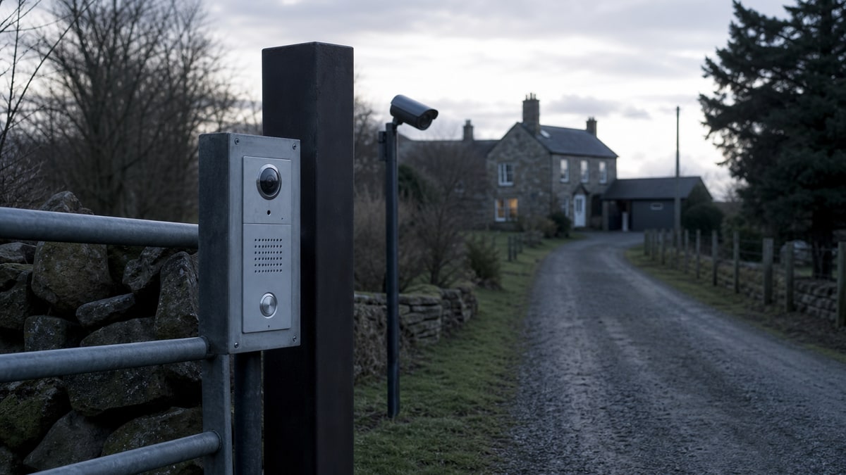 Long rural driveway leading to a farmhouse across green fields