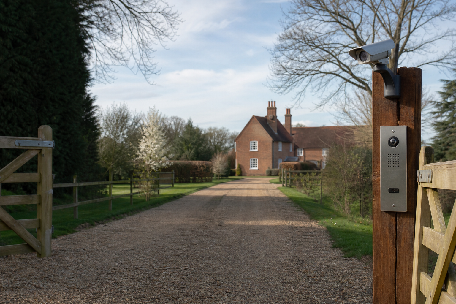 Long rural driveway with gate intercom and CCTV