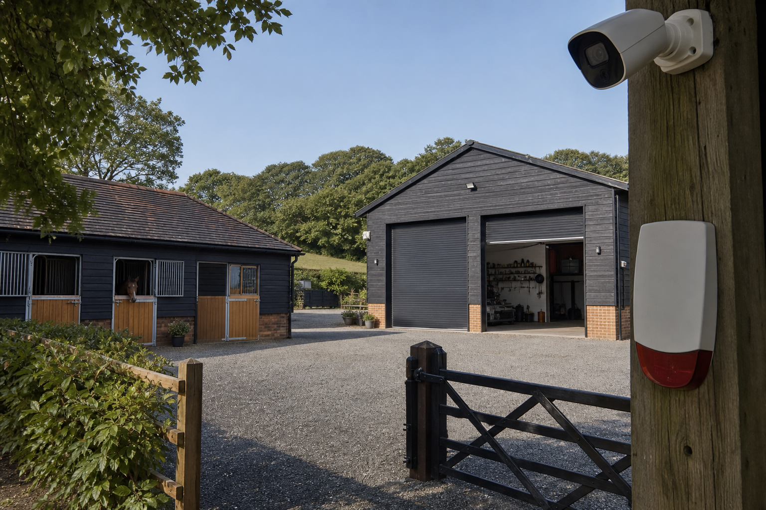Stable yard with CCTV and separate alarm zone on a rural property