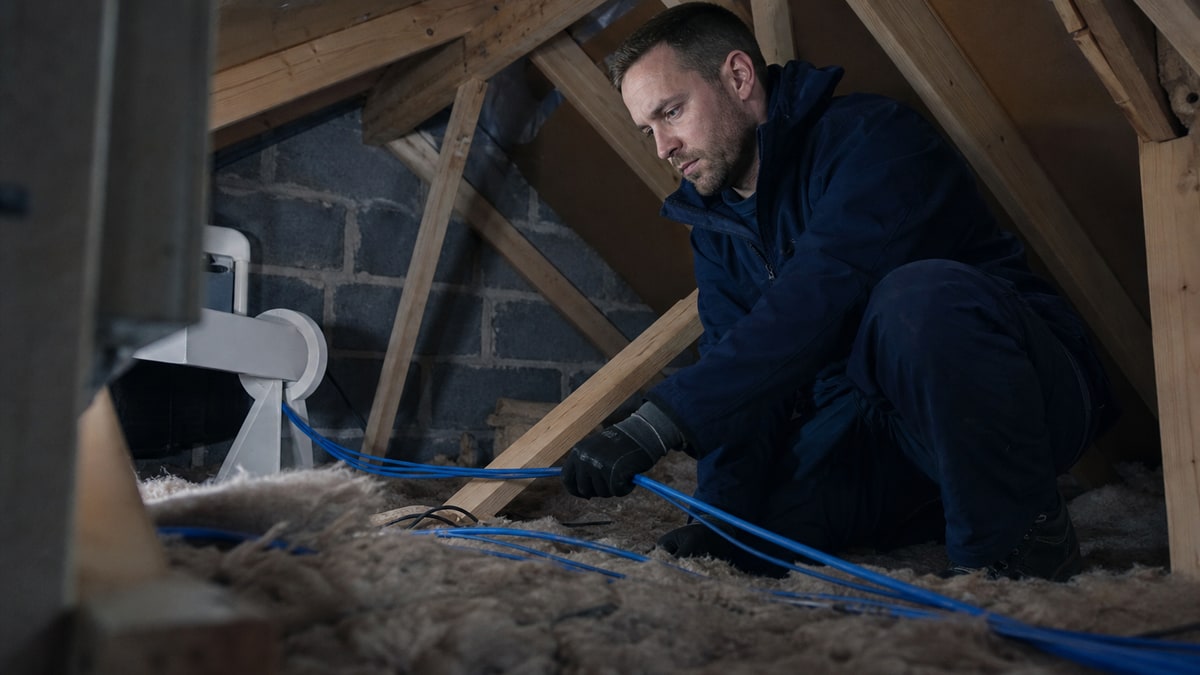 Security technician running PoE cabling on a ladder during installation